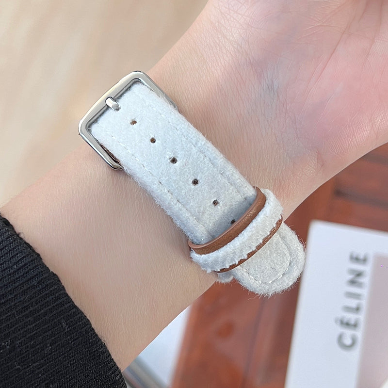 For Apple Watch Series 9 / 8 / 7 41mm / 6 / 5 / 4 / SE / SE (2020) / SE (2023) 40mm / 3 / 2 / 1 38mm Watch Strap Woolen Fabric+PU Band - White For Apple Watch Series 9 / 8 / 7 41mm / 6 / 5 / 4 / SE / SE (2020) / SE (2023) 40mm / 3 / 2 / 1 38mm Watch Strap Woolen Fabric+PU Band - White